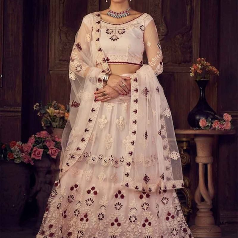 Pink & Maroon Embroidered Semi-Stitched Lehenga Choli