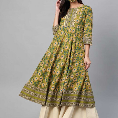 Women Green Teal Blue Floral Printed Anarkali Kurta