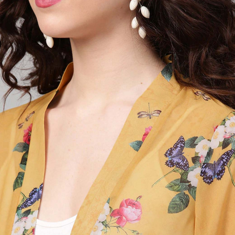 Mustard Yellow & Pink Floral Print Open Front Shrug