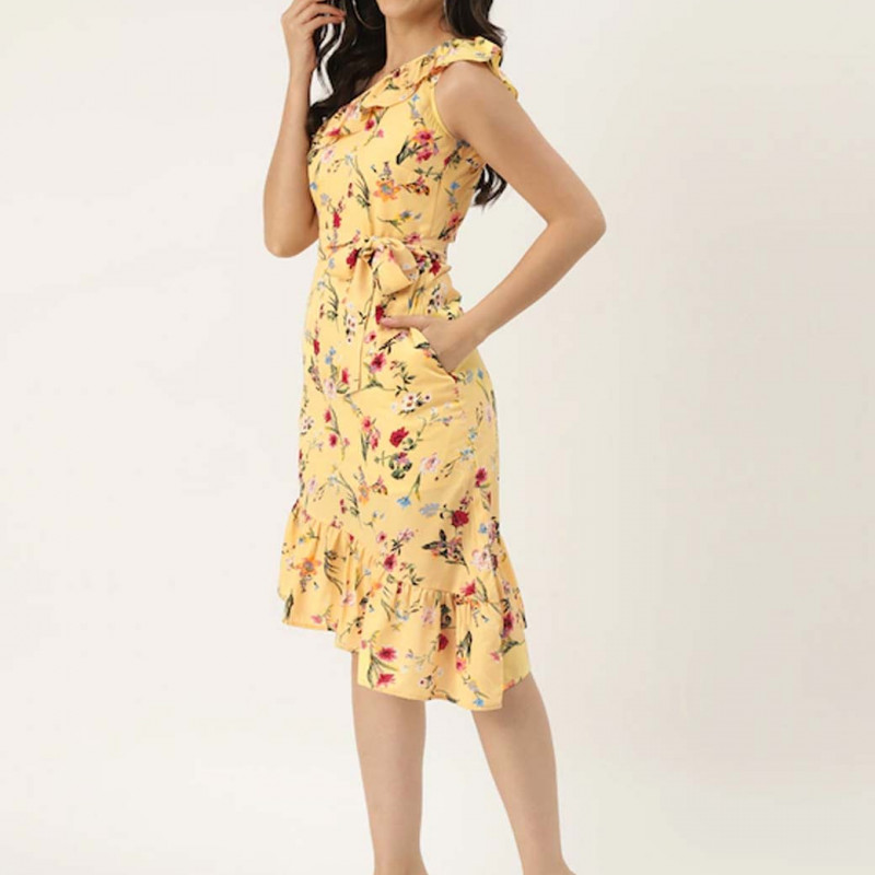 Beige & Red Floral One Shoulder A-Line Dress